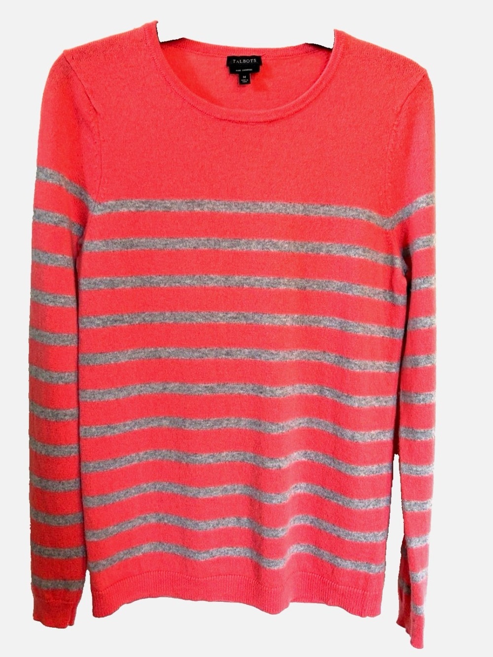 Talbots Pure Cashmere Sweater M Coral Gray Striped Crewneck Pullover